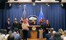 U.S. Attorney General Pam Bondi announces a lawsuit against New York state on Feb. 12, 2025.