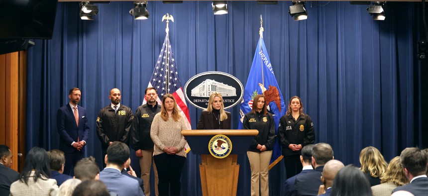 U.S. Attorney General Pam Bondi announces a lawsuit against New York state on Feb. 12, 2025.