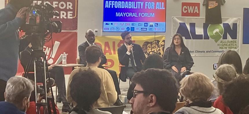 Michael Blake, Zohran Mamdani and Jessica Ramos at the Affordability for All Mayoral Forum.