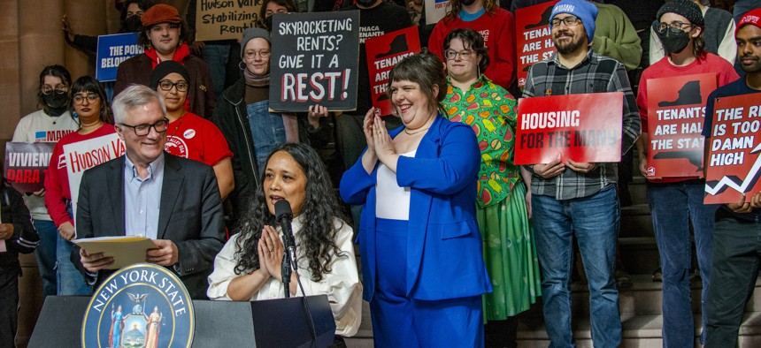 Assembly Member Sarahana Shrestha speaks at a rally in support of the Rent Emergency Stabilization for Tenants Act.