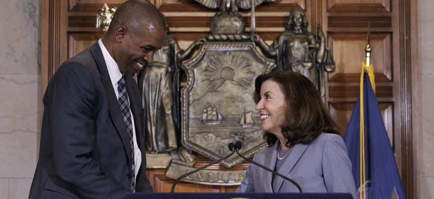 Gov. Kathy Hochul, right, appointed Antonio Delgado, left, her lieutenant governor in 2022.