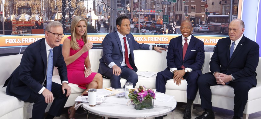 Mayor Eric Adams, second from right, appears on Fox & Friends with President Donald Trump’s border czar Tom Homan, right, on Feb. 14, 2025.