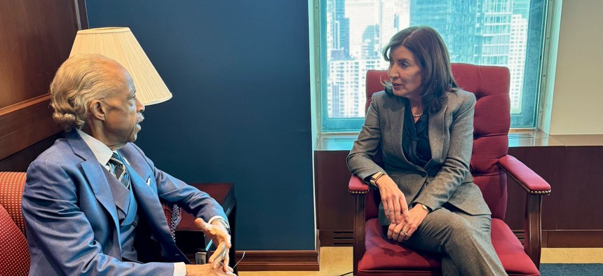 Rev. Al Sharpton, left, meets with Gov. Kathy Hochul on Feb. 18, 2025.