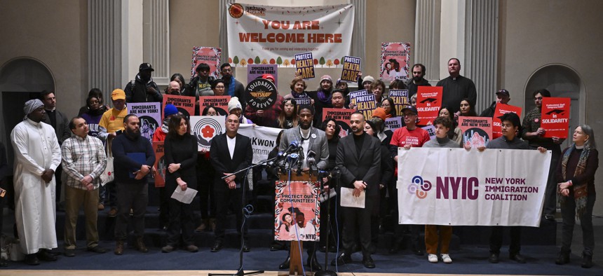 New York City Public Advocate Jumaane Williams speaks at a rally against ICE conducting enforcement operations at sensitive locations like schools.