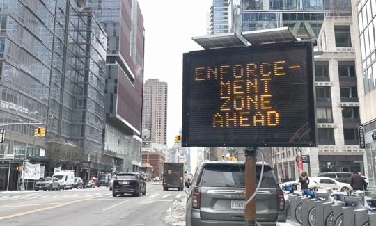 A sign warns drivers that they are entering the congestion relief zone in Manhattan.