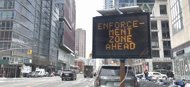 A sign warns drivers that they are entering the congestion relief zone in Manhattan.