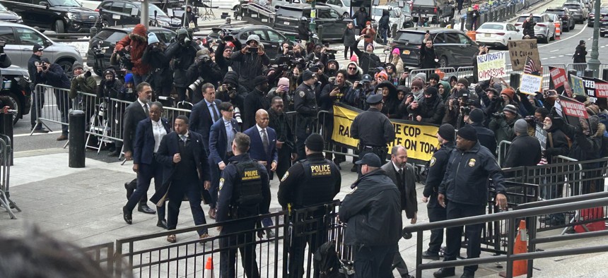 New York City Mayor Eric Adams arrives at the Thurgood Marshall Courthouse on Wednesday.