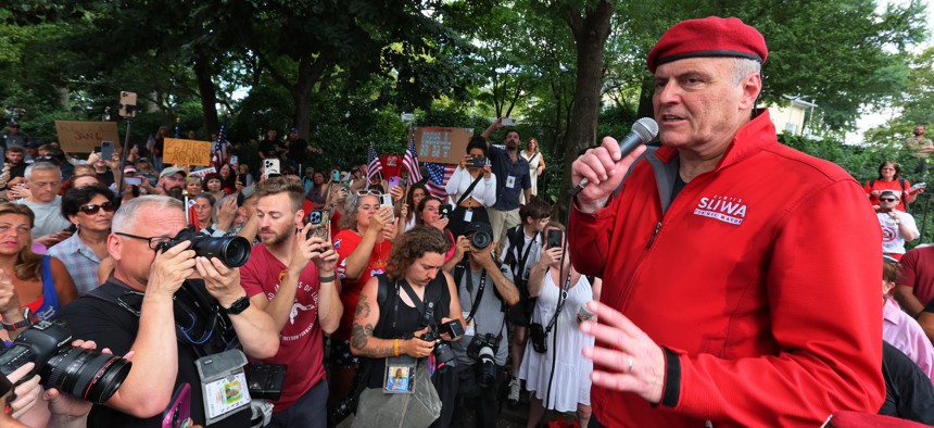 Curtis Sliwa speaks at a rally against migrants at Gracie Mansion in 2023.