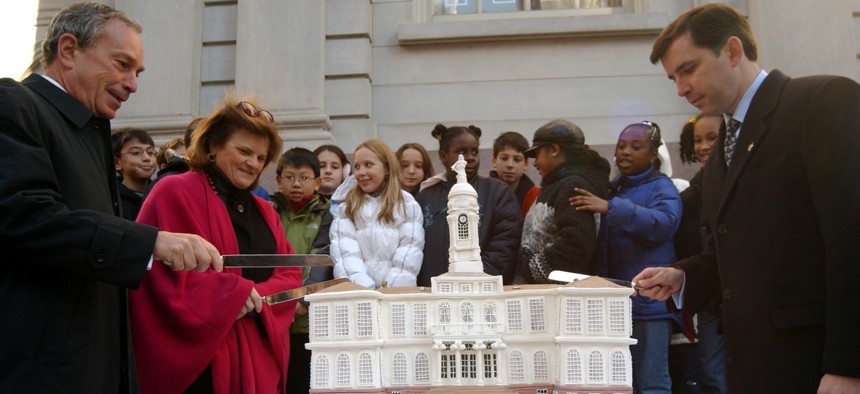 From left, then-New York City Mayor Mike Bloomberg, Public Advocate Betsy Gotbaum and City Council Speaker Gifford Miller celebrate the 200th anniversary of City Hall in 2003.