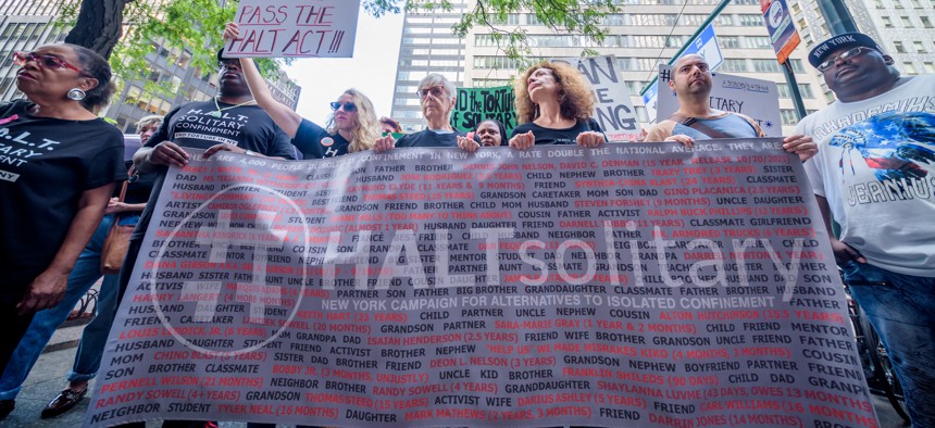 Protesters rally in support of the HALT Solitary Confinement Act in New York City on Oct. 2, 2019.