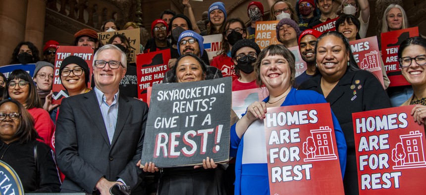 Lawmakers and advocates rally in Albany for the REST Act, which would make it easier for municipalities to opt-in to rent stabilization.