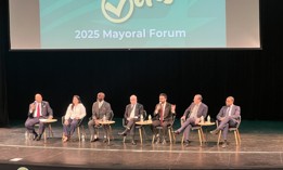 From left, DC 37 Executive Director Henry Garrido, state Sen. Jessica Ramos, former Assembly Member Michael Blake, former Comptroller Scott Stringer, Assembly Member Zohran Mamdani, Comptroller Brad Lander and state Sen. Zellnor Myrie.