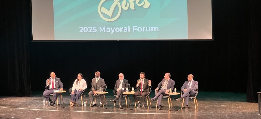 From left, DC 37 Executive Director Henry Garrido, state Sen. Jessica Ramos, former Assembly Member Michael Blake, former Comptroller Scott Stringer, Assembly Member Zohran Mamdani, Comptroller Brad Lander and state Sen. Zellnor Myrie.