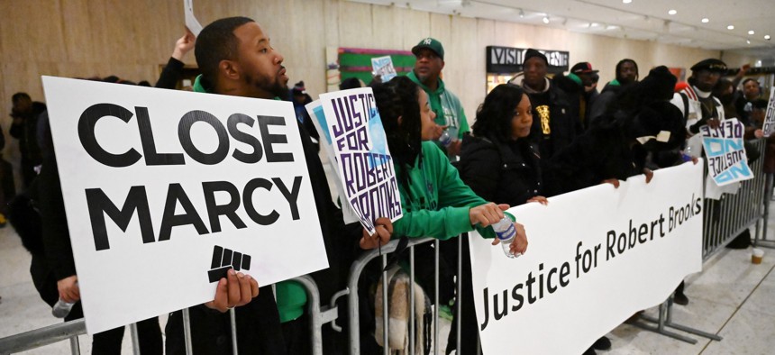 Demonstrators rally in support of Robert Brooks, who was fatally beaten by correction officers while incarcerated in Marcy Correctional Facility, ahead of Gov. Kathy Hochul’s 2025 State of the State address Jan. 14, 2025.