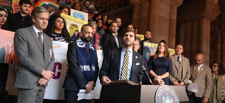 State Sen. Andrew Gounardes speaks at a rally for the New York for All Act in Albany.