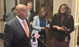 Assembly Speaker Carl Heastie speaks to reporters at the state Capitol.