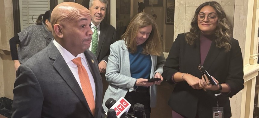 Assembly Speaker Carl Heastie speaks to reporters at the state Capitol.