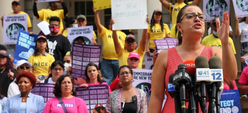 Assembly Member Catalina Cruz speaks at a rally in support of asylum-seekers on Aug. 26, 2022.