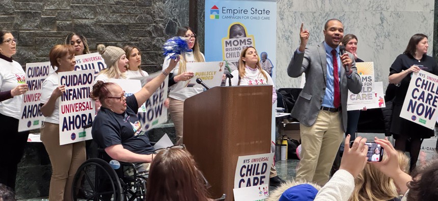 State Sen. Jabari Brisport speaks at a child care rally in Albany on Jan. 28, 2025.