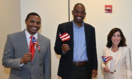 Rep. Ritchie Torres, Lt. Gov. Antonio Delgado and Gov. Kathy Hochul attend a breakfast before the 2022 Puerto Rican Day Parade in New York City.