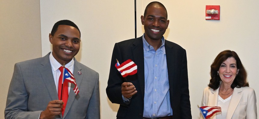 Rep. Ritchie Torres, Lt. Gov. Antonio Delgado and Gov. Kathy Hochul attend a breakfast before the 2022 Puerto Rican Day Parade in New York City.