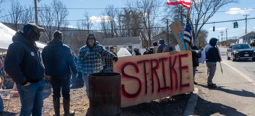 Striking corrections officers and sergeants picket outside the Ulster and Eastern Correctional Facilities on Feb. 28, 2025.