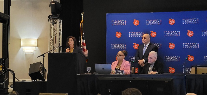 Gov. Kathy Hochul speaks at the Albany Somos labor breakfast on March 8, 2025.