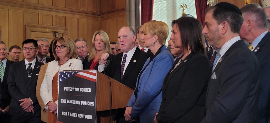 President Donald Trump’s border czar Tom Homan speaks in Albany on March 12, 2025.