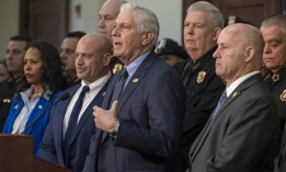 Nassau County Executive Bruce Blakeman, center, announces new ICE enforcement measures, alongside ICE Special Agent Brian Flanagan, left, and Nassau County Police Commissioner Patrick Ryder, right, on Feb. 4, 2025.