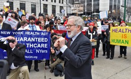 Assembly Member Richard Gottfried speaks at New York Health Act rally outside the state Capitol on April 4, 2017.