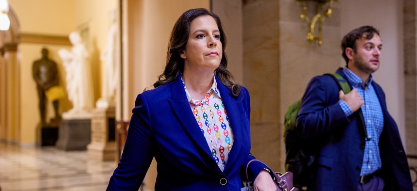 Rep. Elise Stefanik walks through Statuary Hall before a vote on the Republican budget plan at the U.S. Capitol on April 10, 2025.