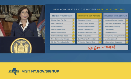 Gov. Kathy Hochul displays a budget scorecard as she announces a conceptual agreement on a $254 billion state budget on April 28, 2025.