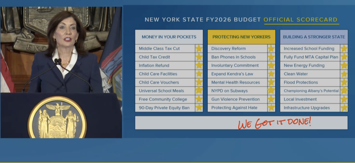 Gov. Kathy Hochul displays a budget scorecard as she announces a conceptual agreement on a $254 billion state budget on April 28, 2025.