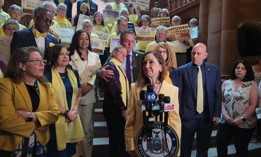 Assembly Member Amy Paulin speaks at a rally in support of the Medical Aid in Dying Act on April 29, 2025.