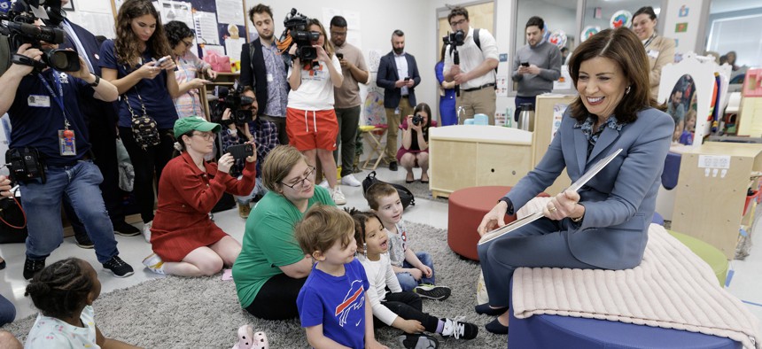 Gov. Kathy Hochul visits a child care center on April 29, 2025.