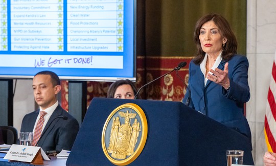 Gov. Kathy Hochul announces a general agreement on the state budget on April 28, 2025.