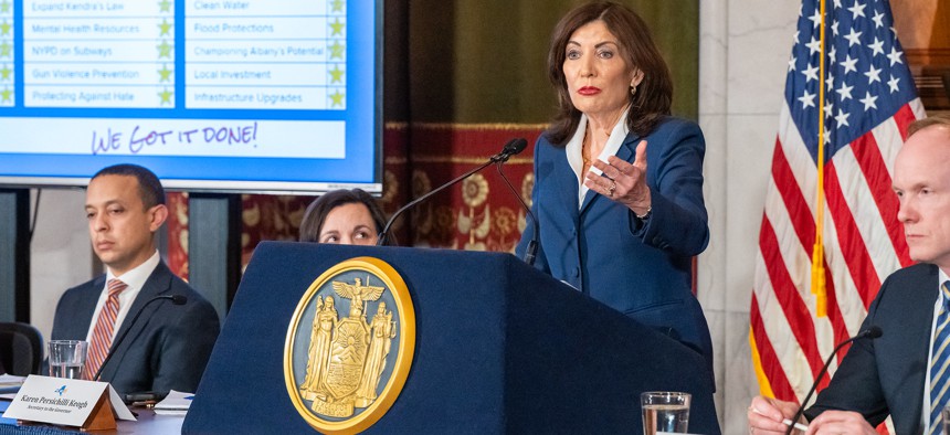 Gov. Kathy Hochul announces a general agreement on the state budget on April 28, 2025.