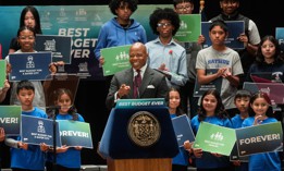 Mayor Eric Adams released his executive budget proposal at his Queens high school.
