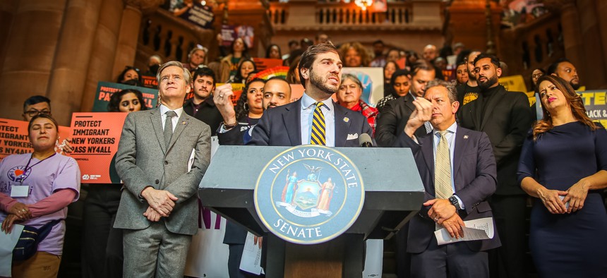 State Sen. Andrew Gounardes speaks at a rally in Albany in support of the New York for All Act. 