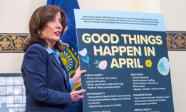 Gov. Kathy Hochul may want to update her sign touting budget victories now that this year’s budget has been delayed past April.