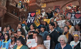 Advocates rally in Albany in support of the New York for All Act on April 29, 2025.