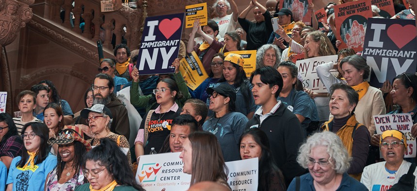 Advocates rally in Albany in support of the New York for All Act on April 29, 2025.