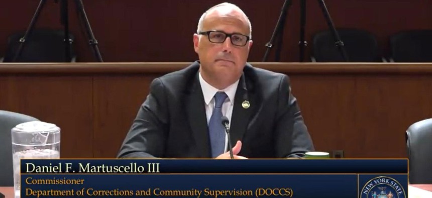 State Department of Corrections and Community Supervision Commissioner Daniel Martuscello III testifies at a legislative hearing on May 14, 2025.