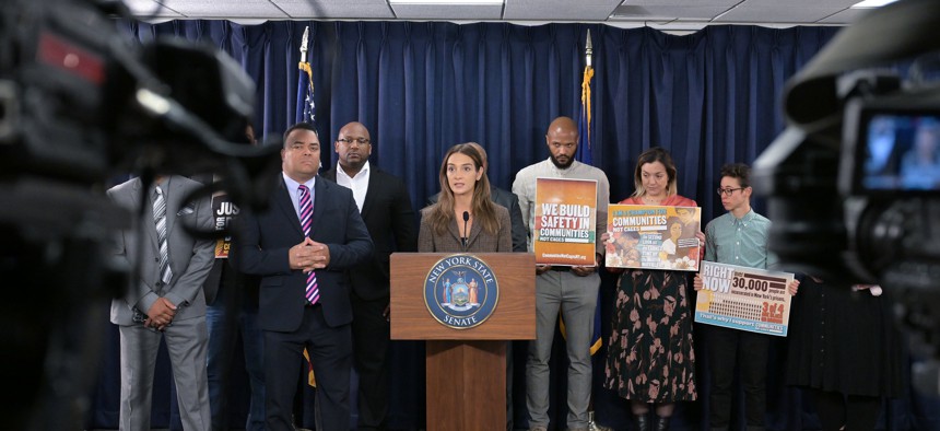 State Sen. Julia Salazar speaks in support of the Earned Time Act and Second Look Act on May 14, 2025.
