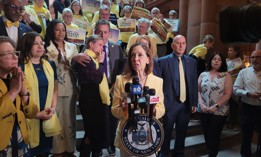 Assembly Member Amy Paulin speaks at a rally in support of the Medical Aid in Dying Act on April 29, 2025.