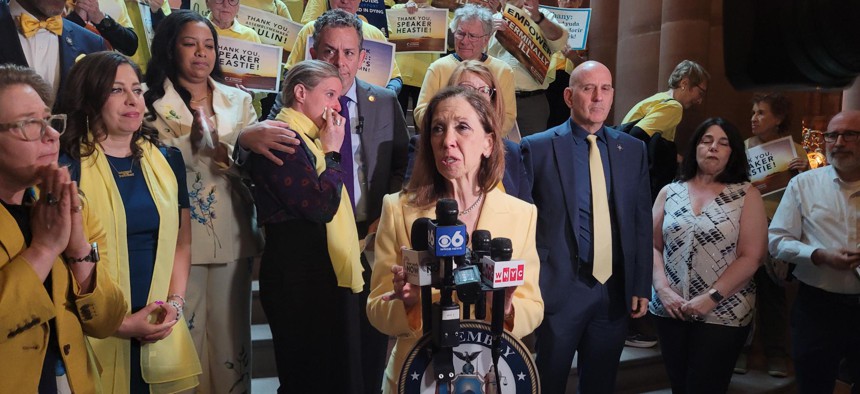 Assembly Member Amy Paulin speaks at a rally in support of the Medical Aid in Dying Act on April 29, 2025.