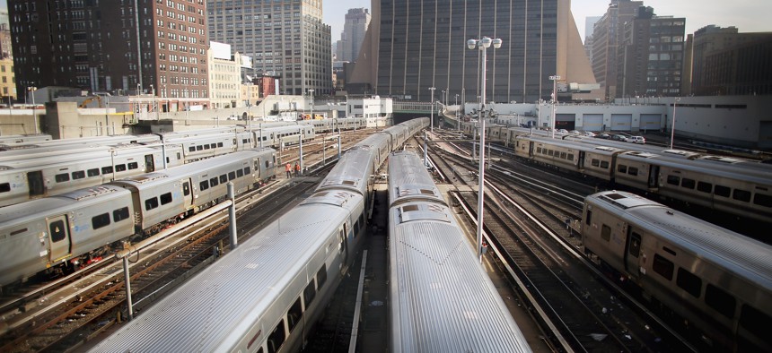 Trains sit on tracks after a groundbreaking ceremony for the Hudson Yards development on Dec. 4, 2012.
