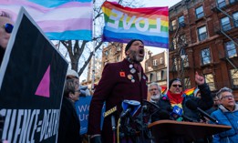 Demonstrators protest the removal of the word “transgender” from the Stonewall National Monument in New York City’s Greenwich Village on Feb. 14, 2025.