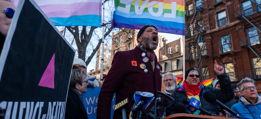 Demonstrators protest the removal of the word “transgender” from the Stonewall National Monument in New York City’s Greenwich Village on Feb. 14, 2025.