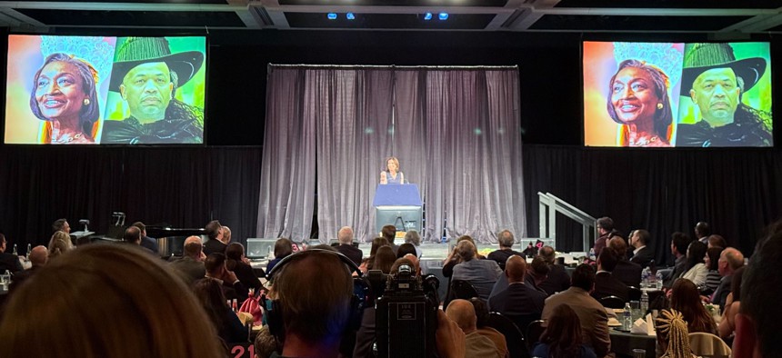 Gov. Kathy Hochul delivers the LCA show rebuttal at the Empire State Convention Center on May 21, 2025.